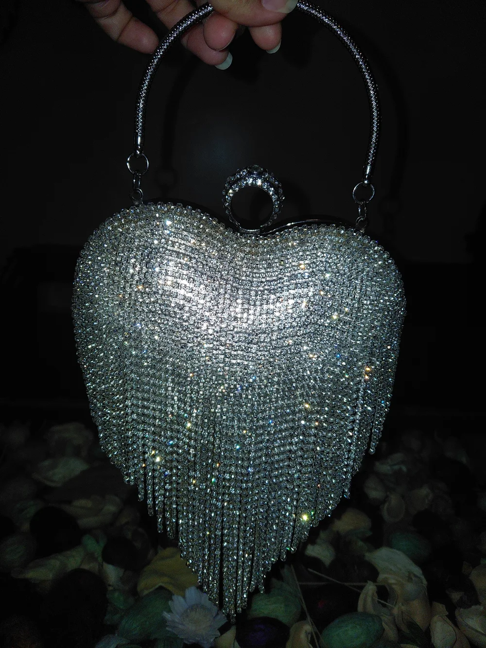 Natasha Couture Silver Crystal Heart Clutch with Fringe